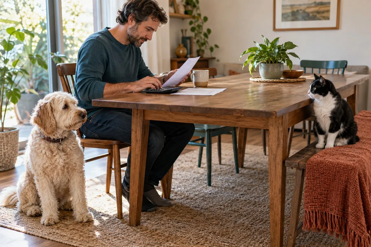 Owner reviewing household paperwork with a dog and cat nearby