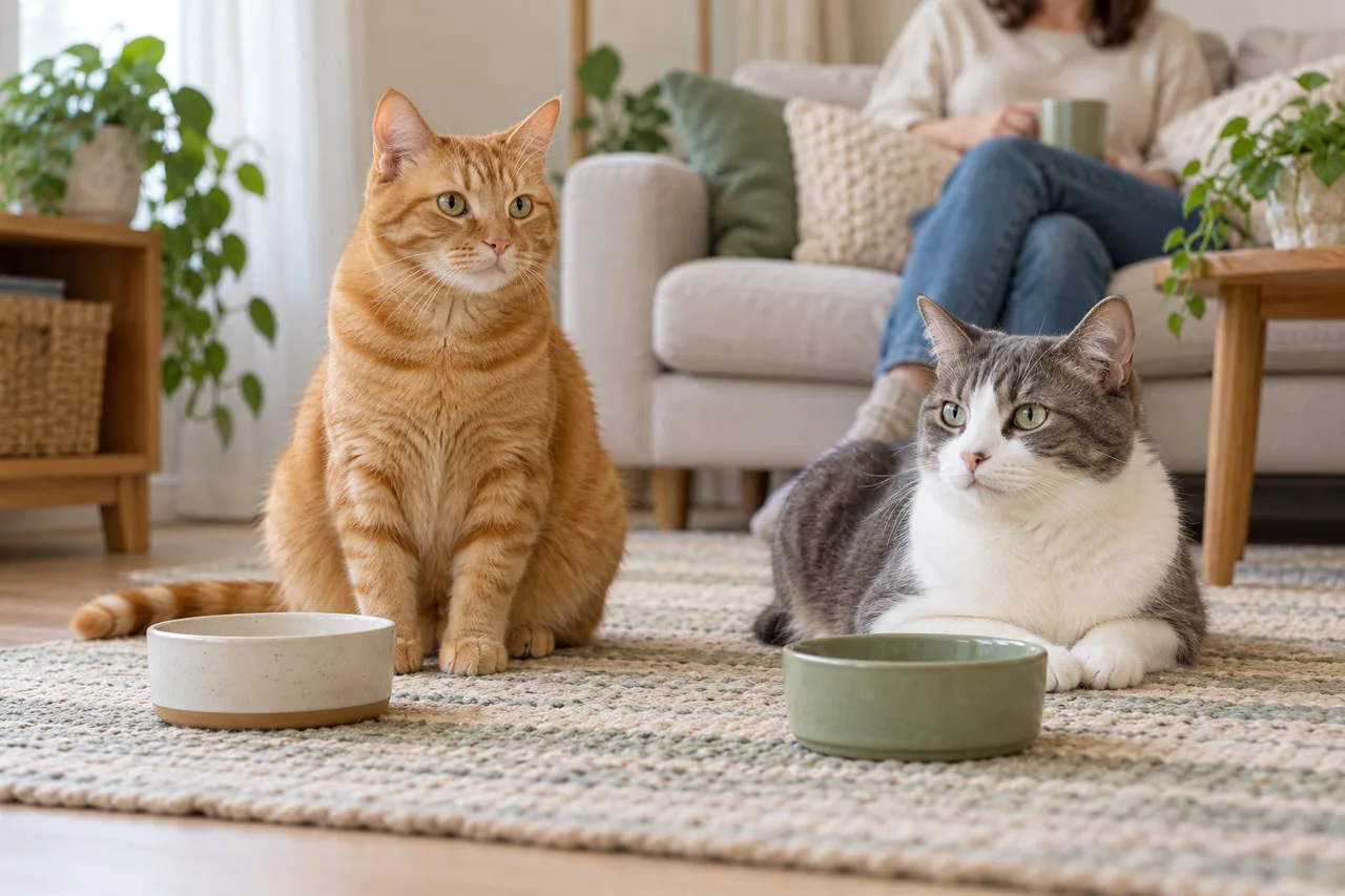 Two cats near their bowls in a living room